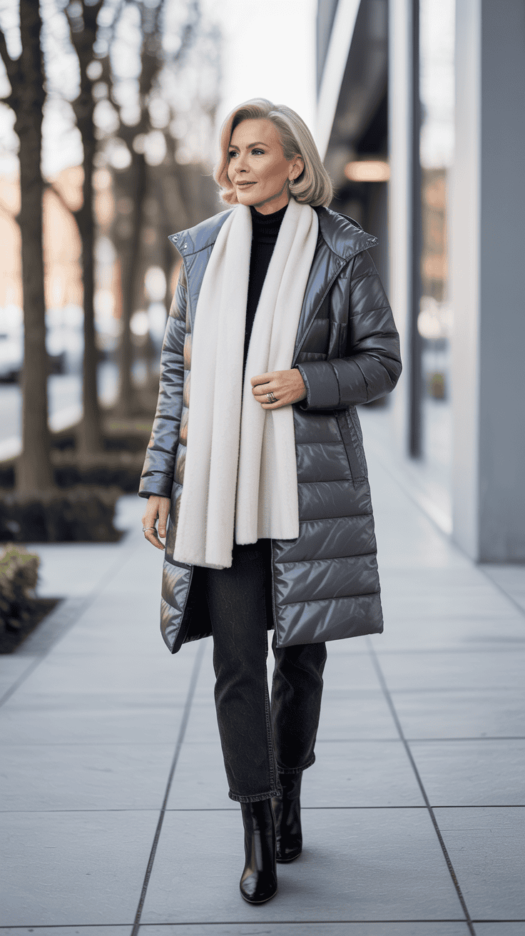 Woman wearing a tailored puffer coat with a wool scarf and straight jeans.