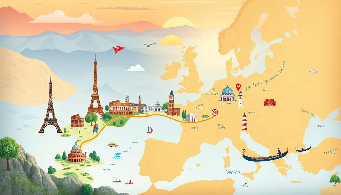 A beautifully illustrated map of Europe, showcasing iconic landmarks and travel experiences over a 2-week itinerary. In the foreground, add charming illustrations of famous sites like the Eiffel Tower in Paris, the Colosseum in Rome, and a gondola in Venice, each marked with small icons representing activities such as dining, sightseeing, and cultural experiences. The middle ground features a winding path connecting these landmarks, symbolizing the journey through the continent. The background should display a soft sunrise, casting a warm, inviting glow over the landscape, emphasizing a sense of adventure and exploration. Use vibrant colors to evoke excitement and a sense of discovery, while the overall atmosphere remains inspiring and welcoming for first-time travelers.