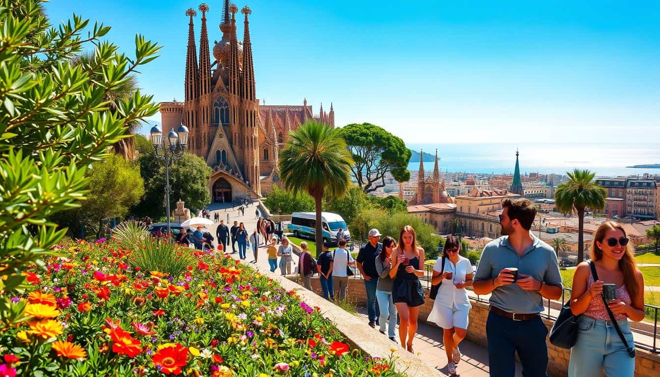 A vibrant scene of Barcelona during a sunny day, showcasing iconic attractions. In the foreground, colorful flowers and lush greenery frame a landmark like the Sagrada Família or Park Güell, creating a lively atmosphere. The middle ground features locals and tourists enjoying themselves—some sipping coffee, others taking photos, all dressed in modest casual clothing. The background includes an expansive view of the cityscape, with the Mediterranean Sea glistening in the distance under a bright blue sky. Capture the scene during the golden hour for warm, soft lighting that bathes the buildings in a golden hue. Use a slightly elevated angle to encompass both the attractions and the people, conveying a sense of joy and leisure in Barcelona.