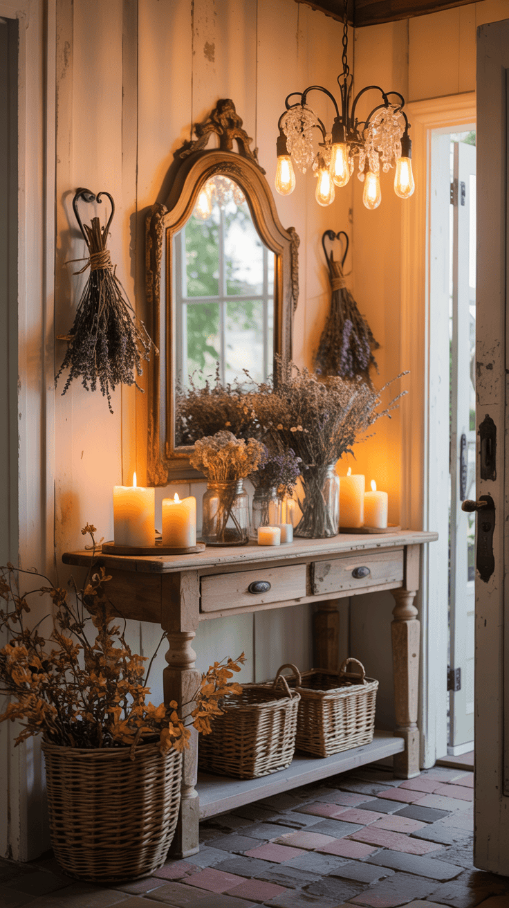 A beautifully decorated entryway featuring an antique mirror, elegant chandelier, and a cozy cottagecore atmosphere.