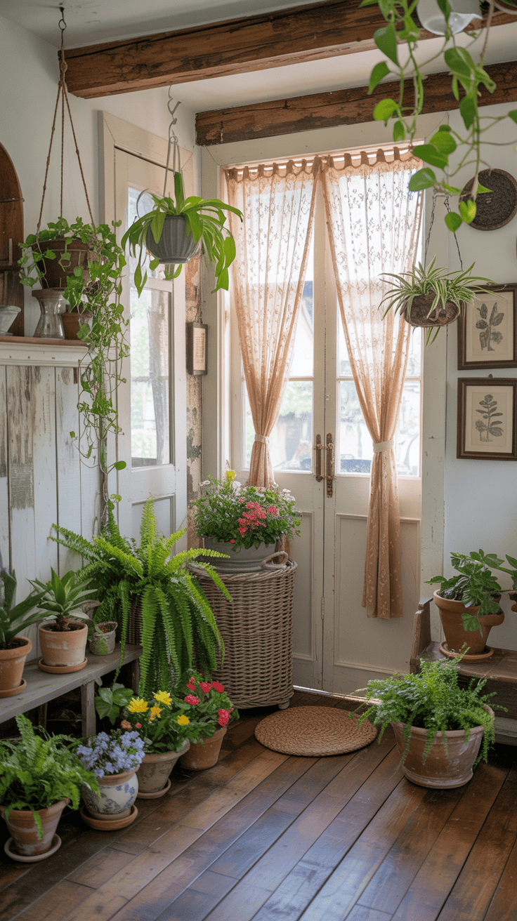 A bright cottagecore entryway filled with various potted plants and hanging greenery.