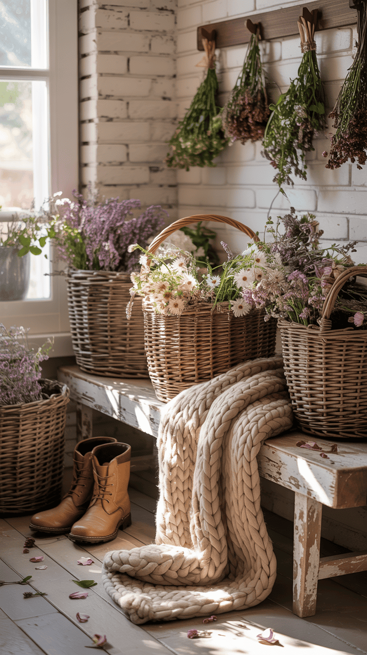 A cozy entryway featuring vintage wicker baskets with flowers and a blanket.