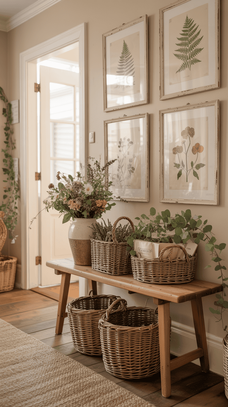 A cozy cottagecore entryway featuring botanical prints and nature-inspired decor.