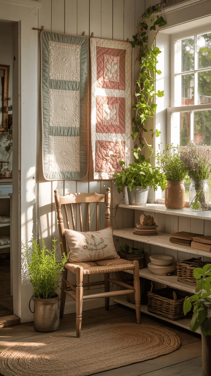 A cozy cottagecore entryway featuring handmade quilts as wall hangings, with a chair and plants.