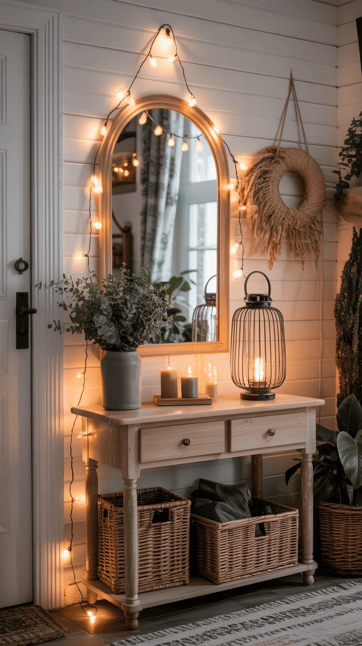 A cozy cottagecore entryway with a mirror surrounded by fairy lights and a warm lantern.
