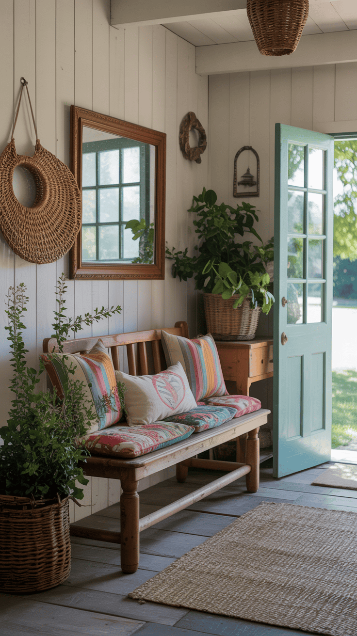 A rustic wooden bench with colorful cushions in a welcoming entryway.