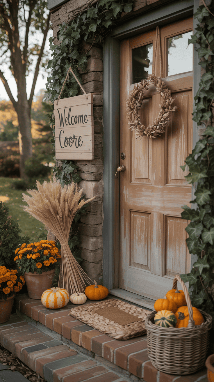 A charming cottagecore entryway with a wooden welcome sign, seasonal decorations, and a cozy atmosphere.