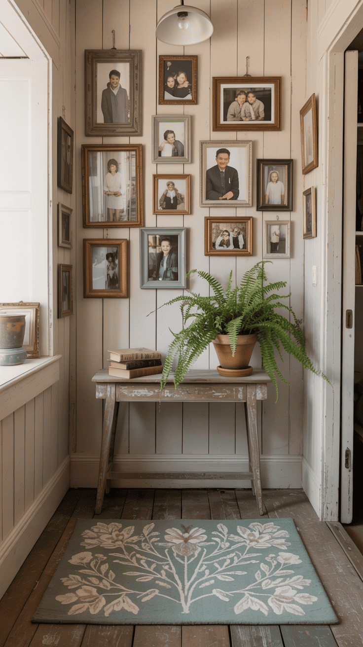 A cozy cottagecore entryway featuring family photos in various frames on the wall, a small table with a plant, and a decorative rug.