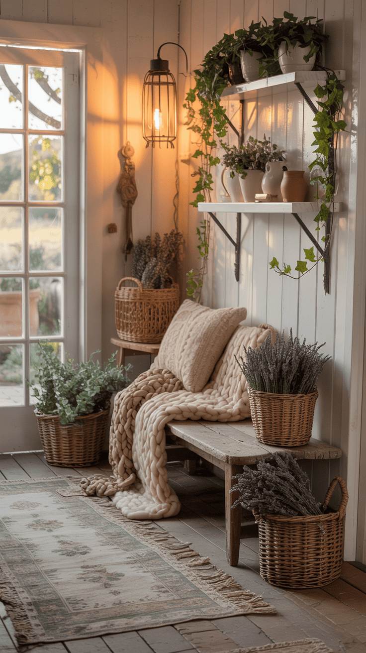 A cozy cottagecore entryway featuring layered rugs, soft throws, and warm lighting.
