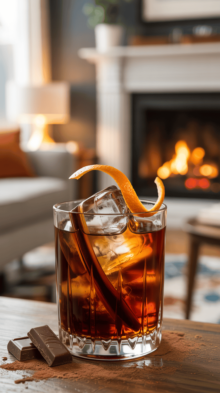 Vertical close-up of a Chocolate Orange Bourbon Old Fashioned with chocolate swirl, large ice cube, orange peel garnish, and chocolate shavings in warm cozy lighting.