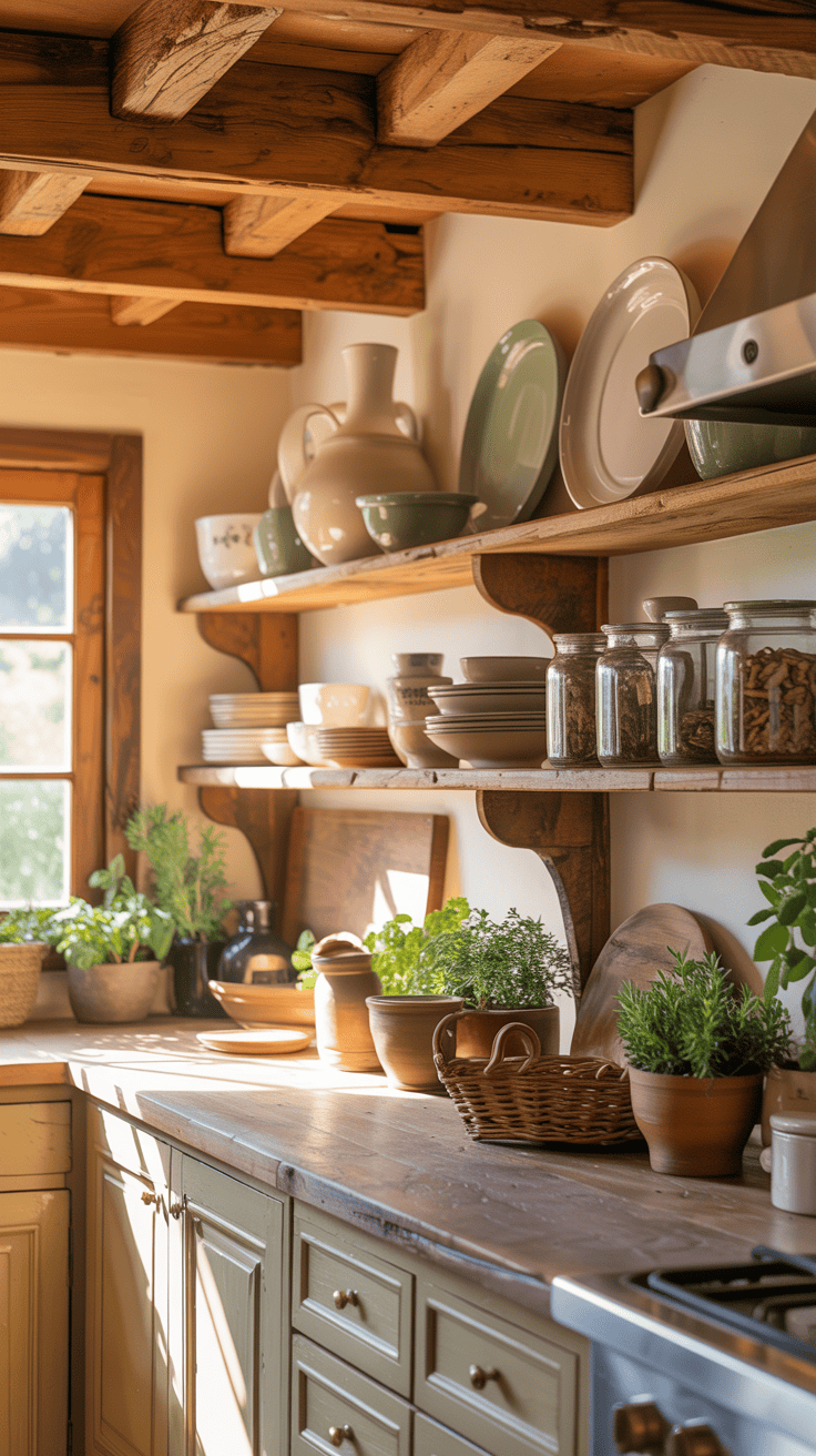 A kitchen featuring rustic wooden beams and open shelving with dishes and decor.