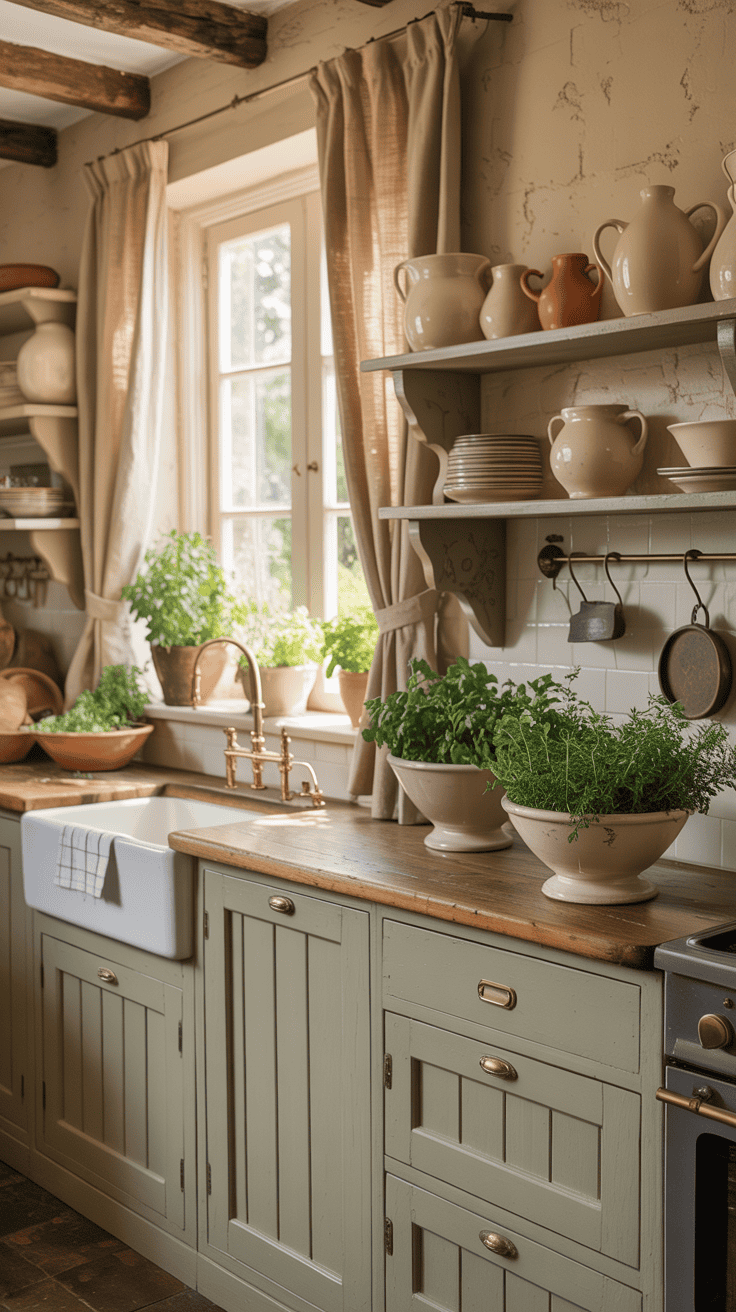 Cozy English kitchen with sage cabinets, farmhouse sink, and vintage pottery. Soft natural light illuminates rustic charm