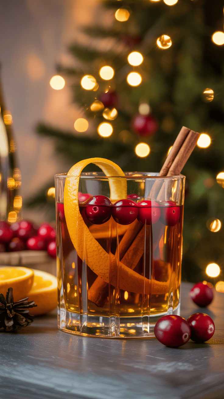 Vertical photo of a Cranberry Cinnamon Bourbon Old Fashioned with cranberries and a cinnamon stick, styled with warm festive lighting for Pinterest.