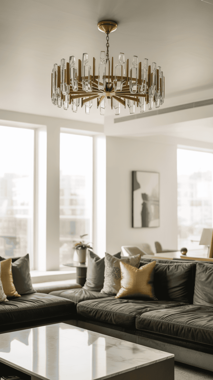 Modern living room featuring a chandelier and stylish decor