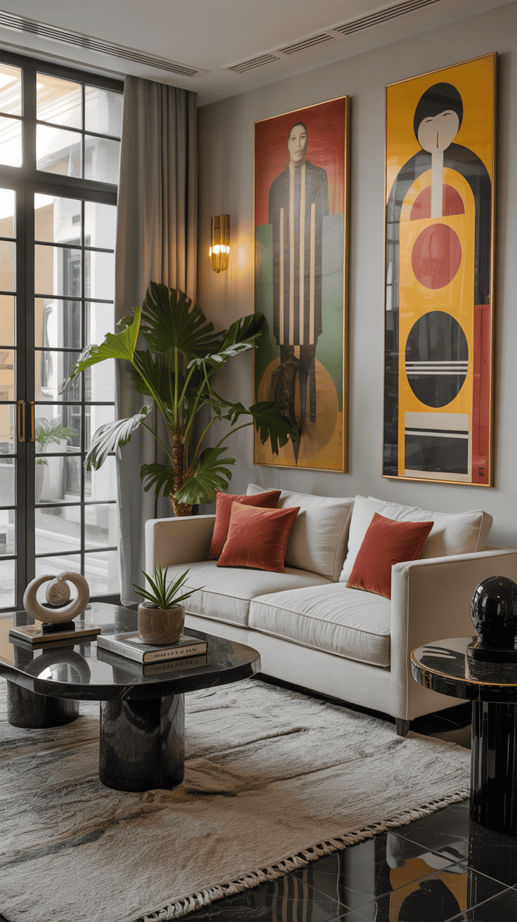 Modern living room featuring art deco elements with sculptures and paintings.