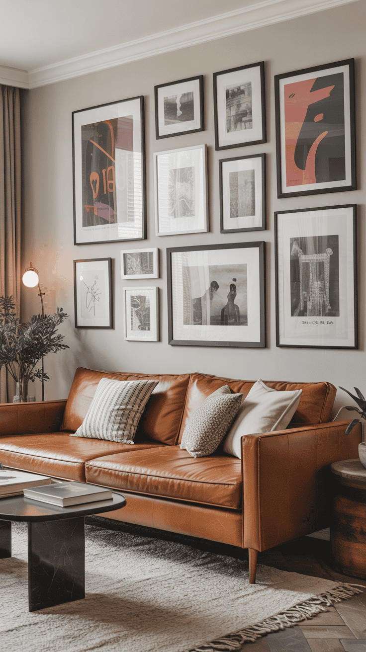 Gallery wall featuring various framed artworks in a modern living room.