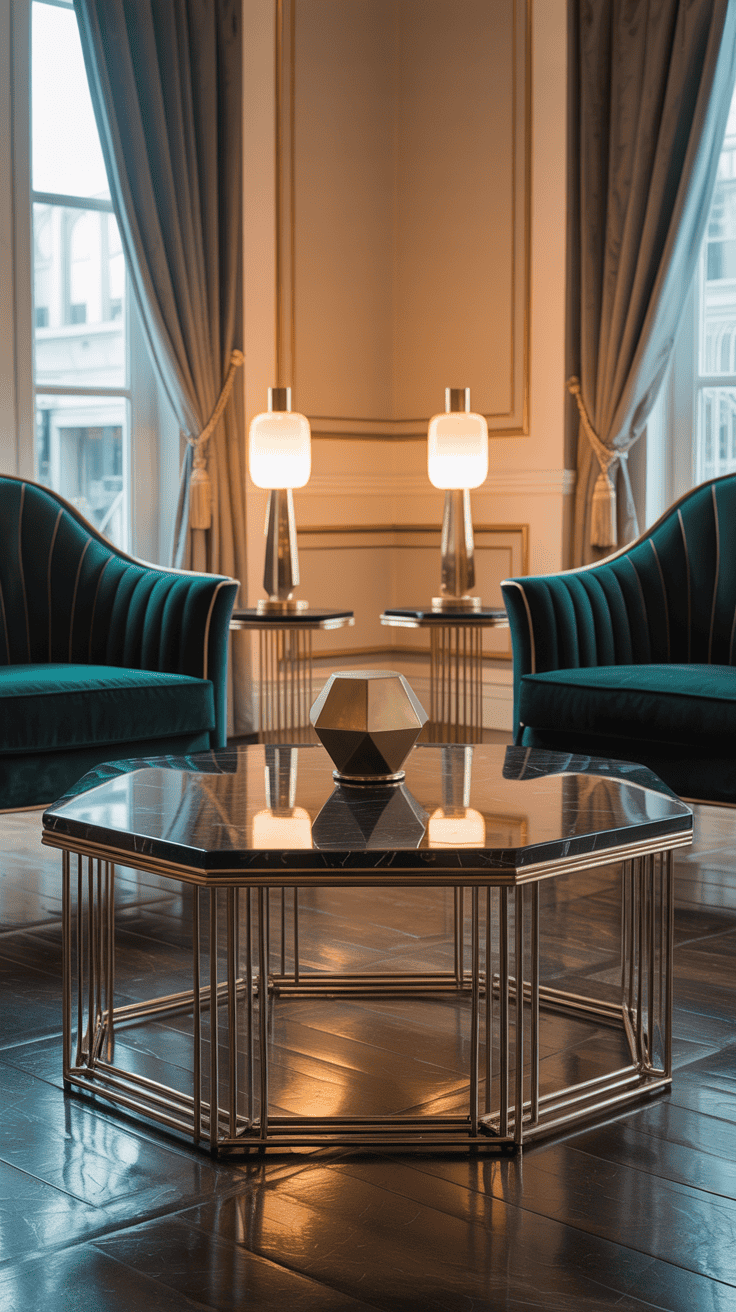 A modern living room featuring Art Deco style furniture with a unique octagonal coffee table, elegant armchairs, and stylish lamps.