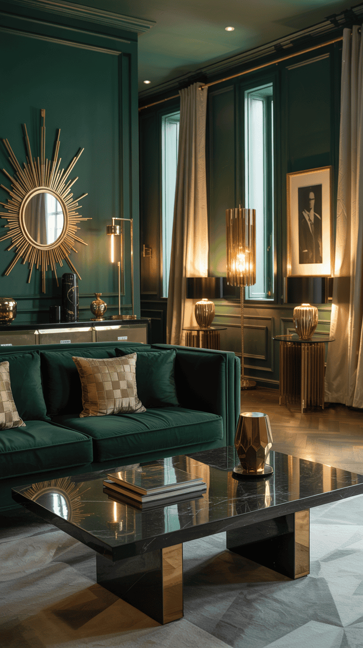 A modern living room styled with Art Deco elements featuring deep green walls, gold accents, and stylish furniture.