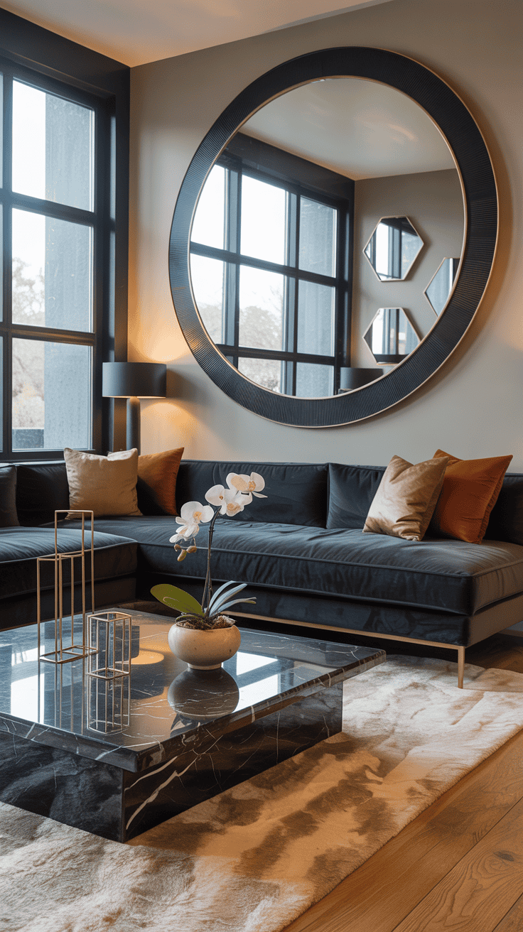 A modern living room featuring large decorative mirrors, elegant furniture, and stylish decor.