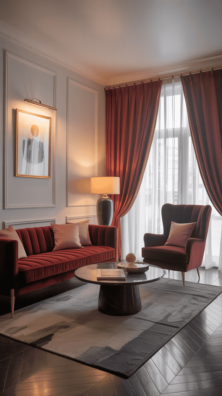 A modern living room featuring a red velvet sofa, matching armchair, and elegant curtains.
