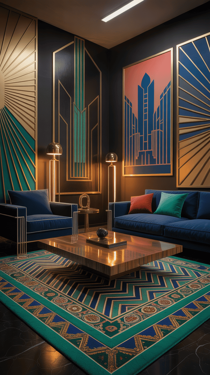 A modern living room featuring geometric patterns with a colorful rug, art on the wall, and stylish furniture.