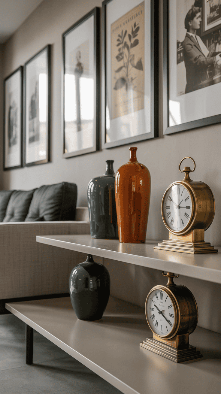 A modern living room featuring vintage accessories like clocks, vases, and framed art.