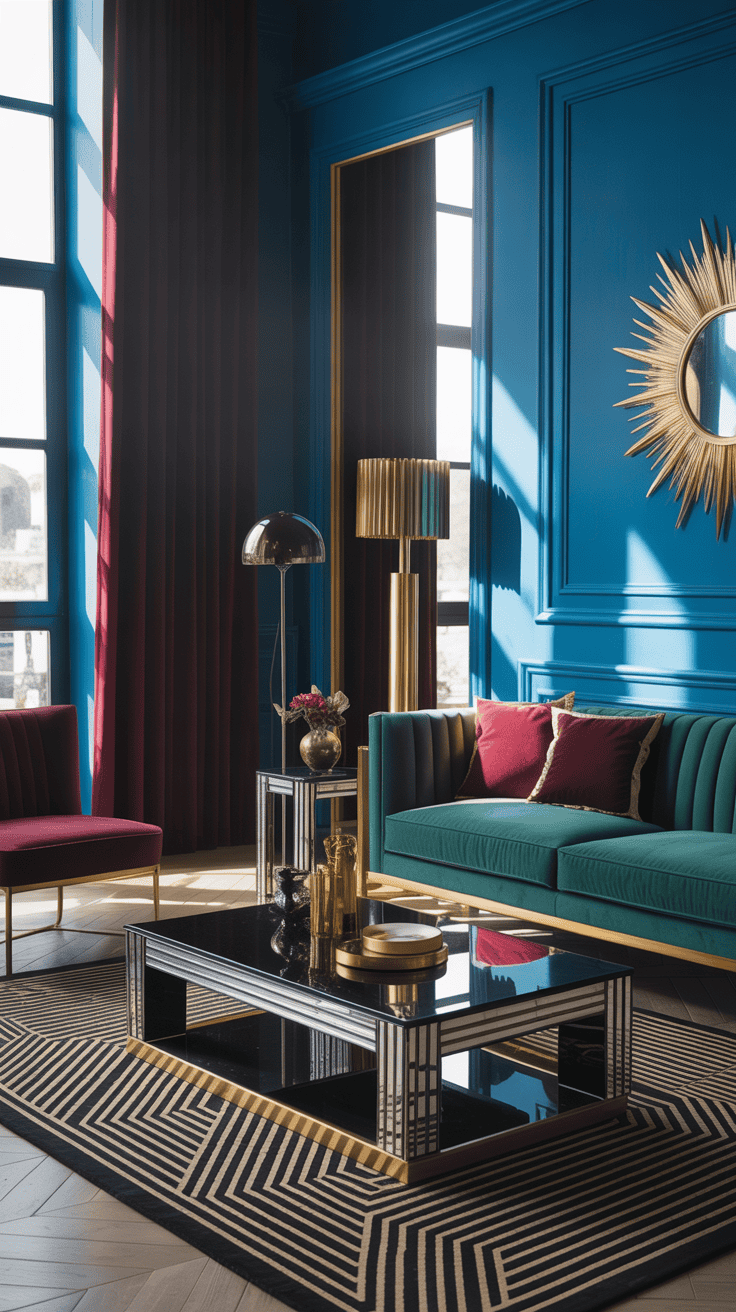 A modern living room featuring Art Deco elements, showcasing sleek furniture and bold colors.