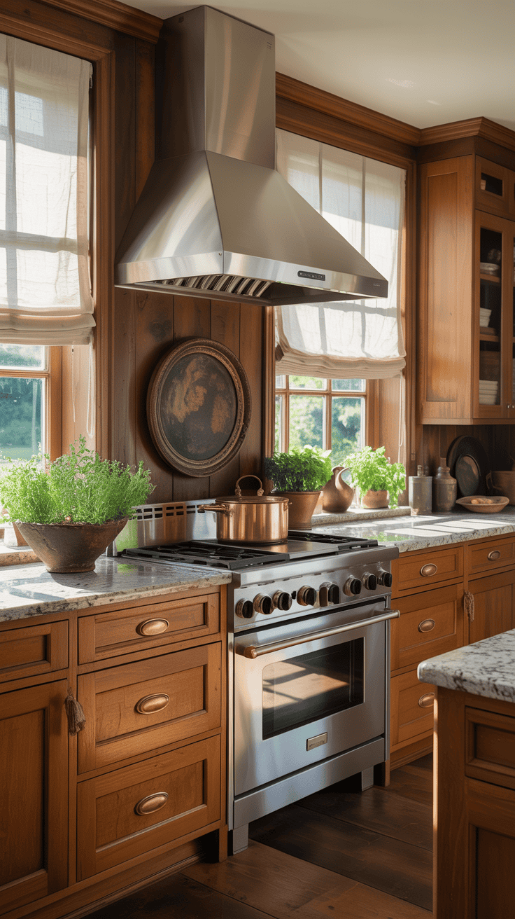 A rustic kitchen featuring wooden cabinets, a modern stove, and natural light.