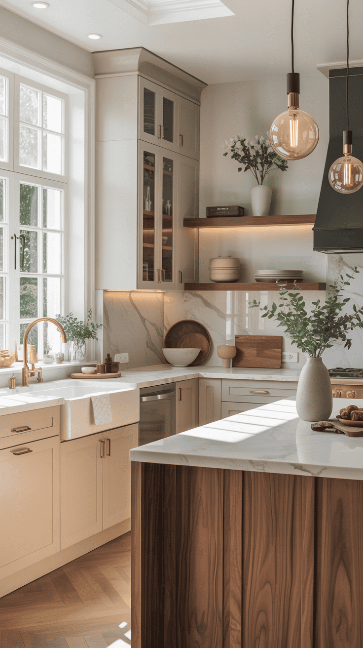 A beautifully designed kitchen featuring neutral colors, warm wood tones, and elegant cabinetry.