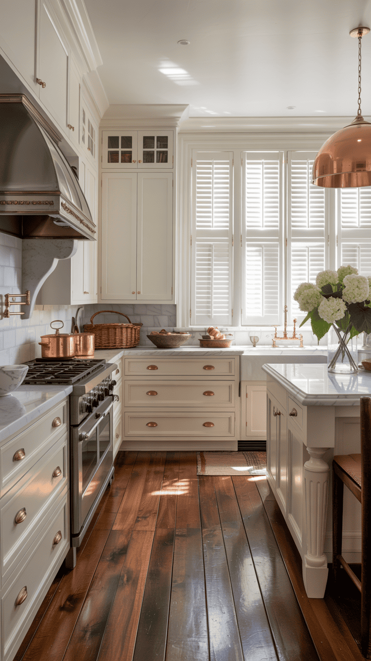 A stylish kitchen featuring white cabinets, stainless steel appliances, and warm wooden flooring.