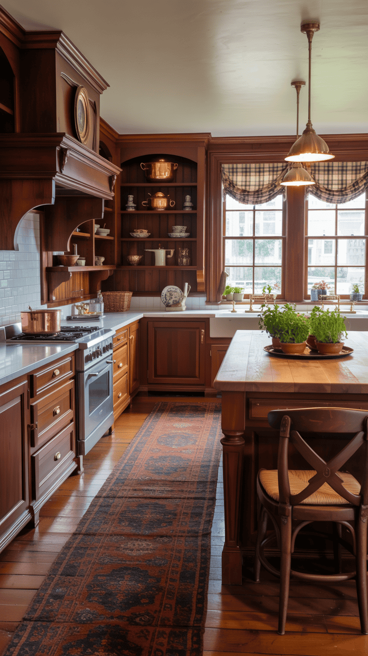 A cozy kitchen featuring vintage decor and modern appliances.