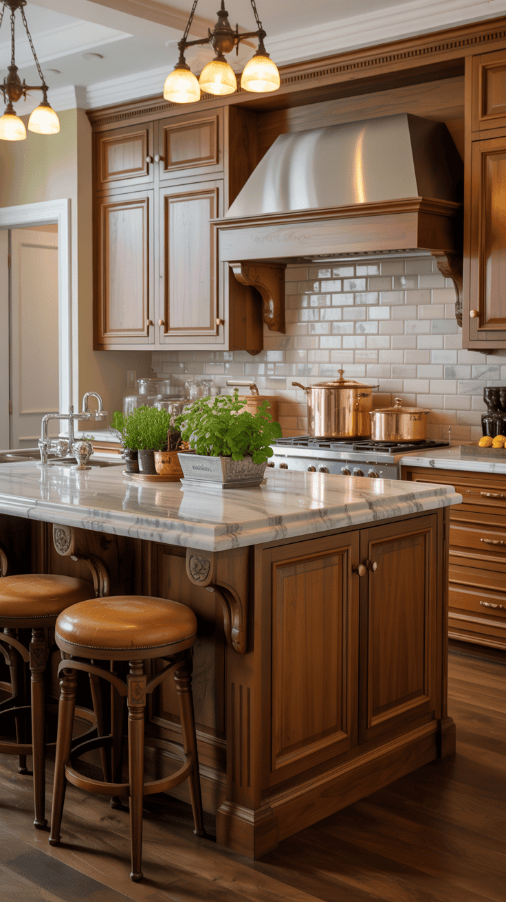 A beautifully designed kitchen featuring wooden cabinets, a stone countertop, and warm lighting.