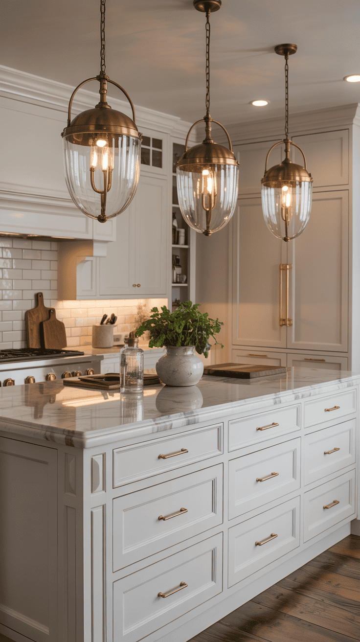 Three elegant pendant lights hanging over a kitchen island with white cabinetry and a modern aesthetic.
