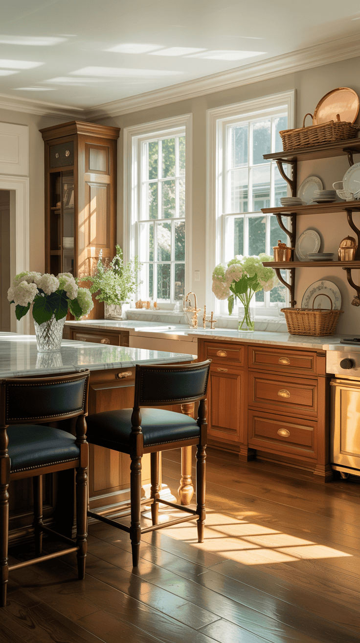 A bright, open kitchen featuring warm wood tones, natural light, and stylish decor.