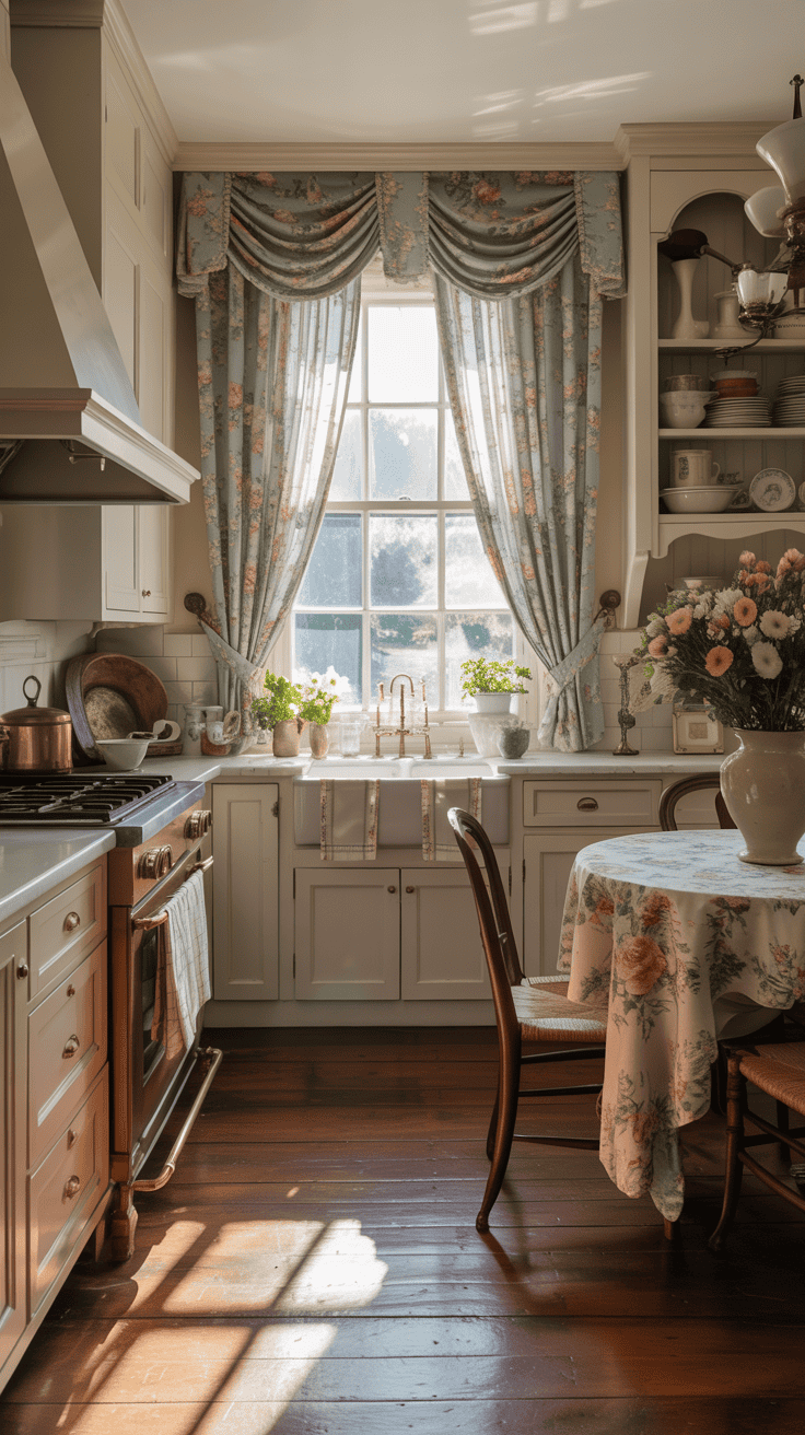 A cozy kitchen featuring floral curtains and a tablecloth, evoking a timeless charm.