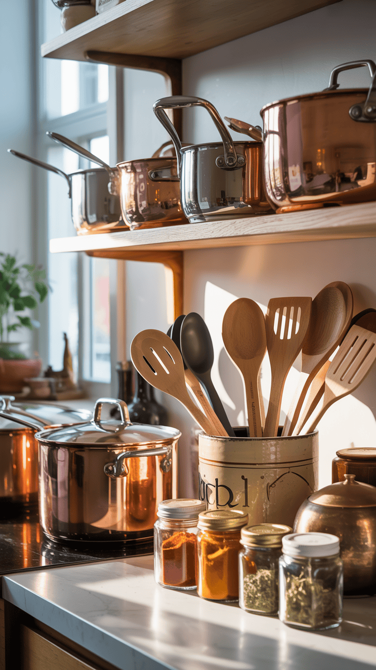 A well-organized kitchen shelf displaying various cookware and utensils, including wooden spoons and elegant pots.