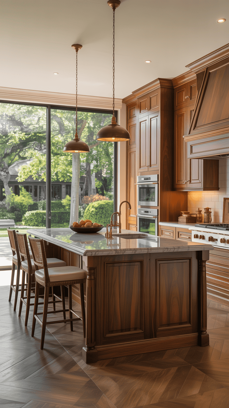 A modern kitchen with wooden cabinets and a view of lush greenery outside.
