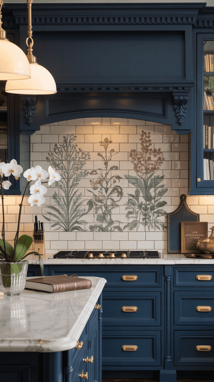 A kitchen with a classic backsplash featuring intricate designs in soft colors.