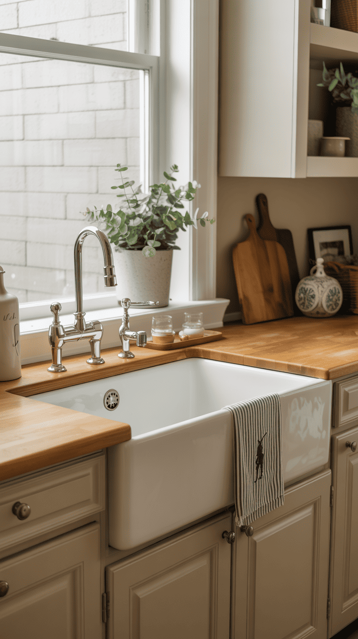A stylish farmhouse sink with a modern faucet and a window view.