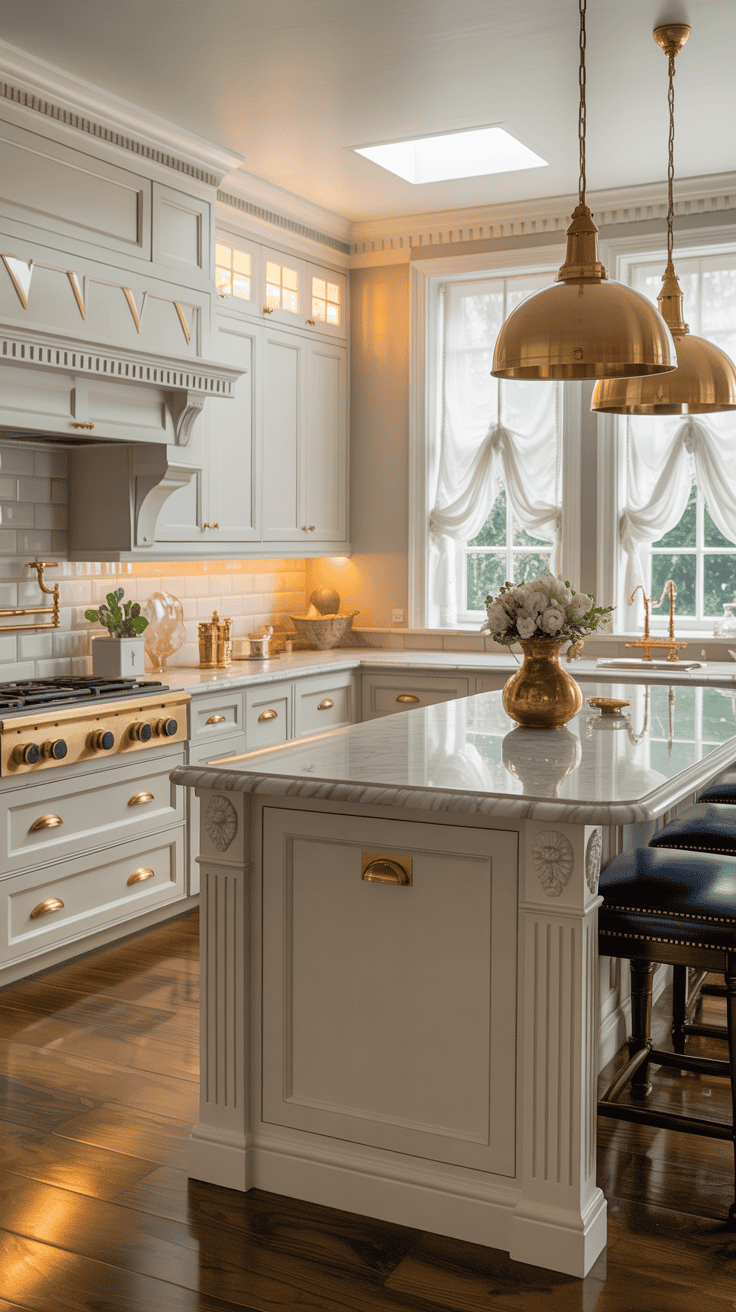 A kitchen featuring white cabinets with gold hardware and accents.