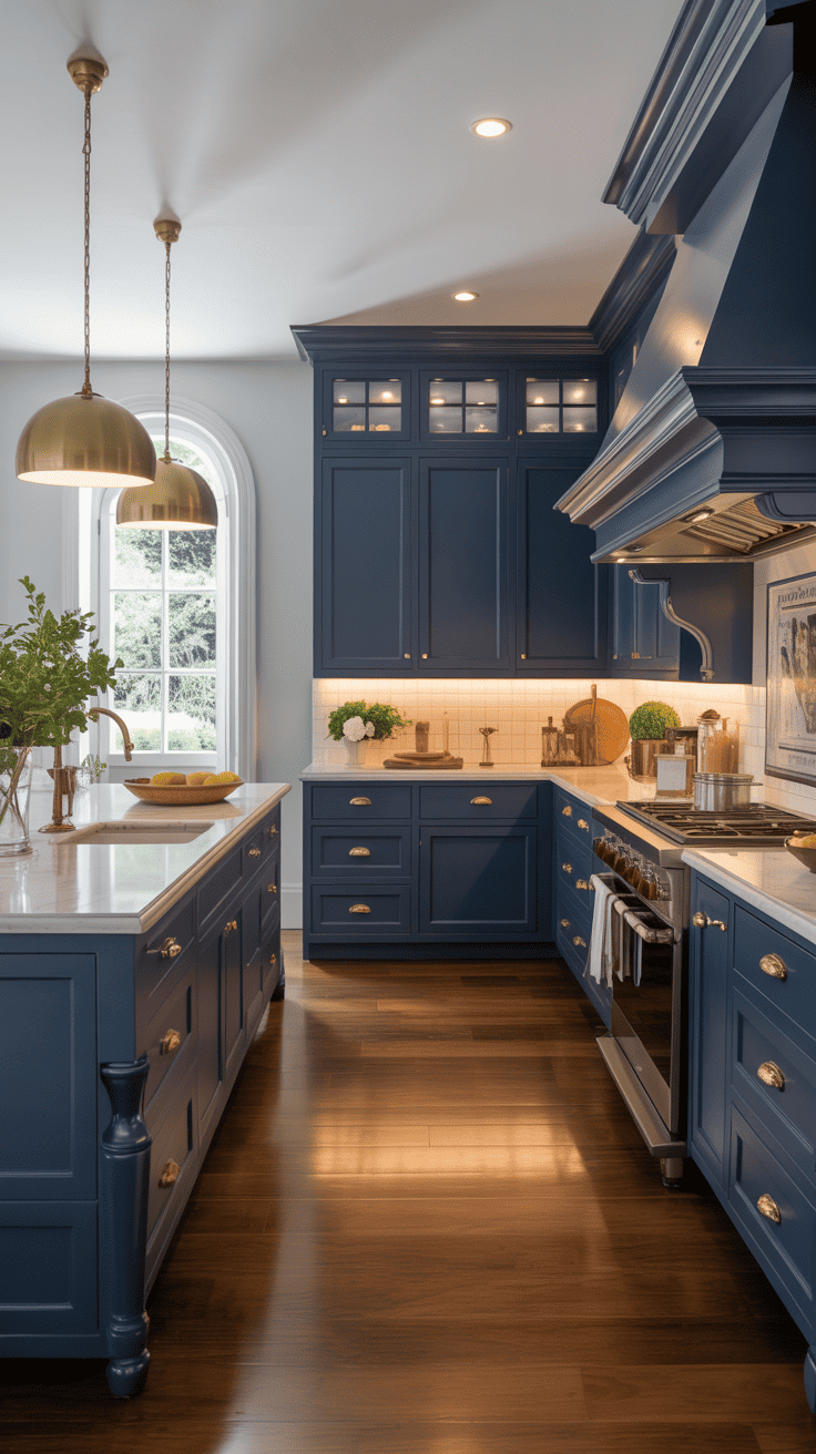 A sophisticated kitchen featuring navy blue cabinetry and warm wood flooring.
