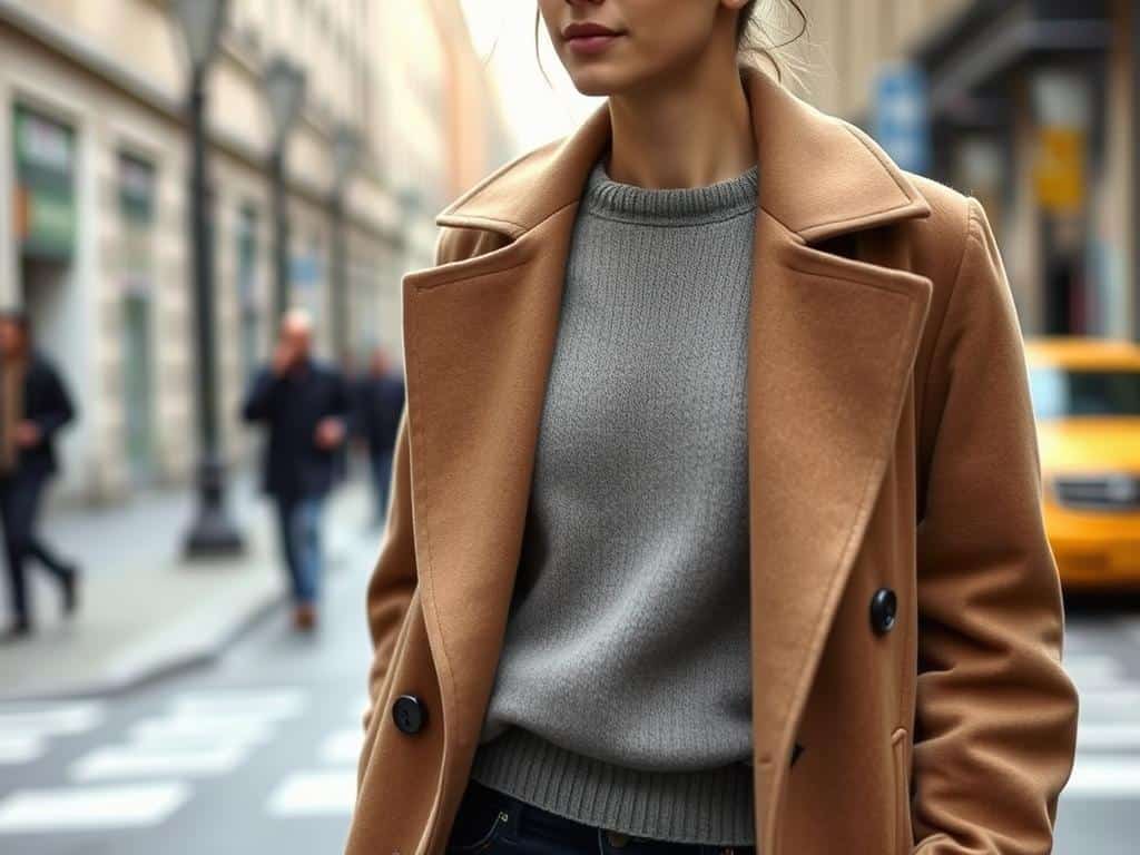 Street style star demonstrating expert layering with an oversized coat over a sweater and button-up shirt