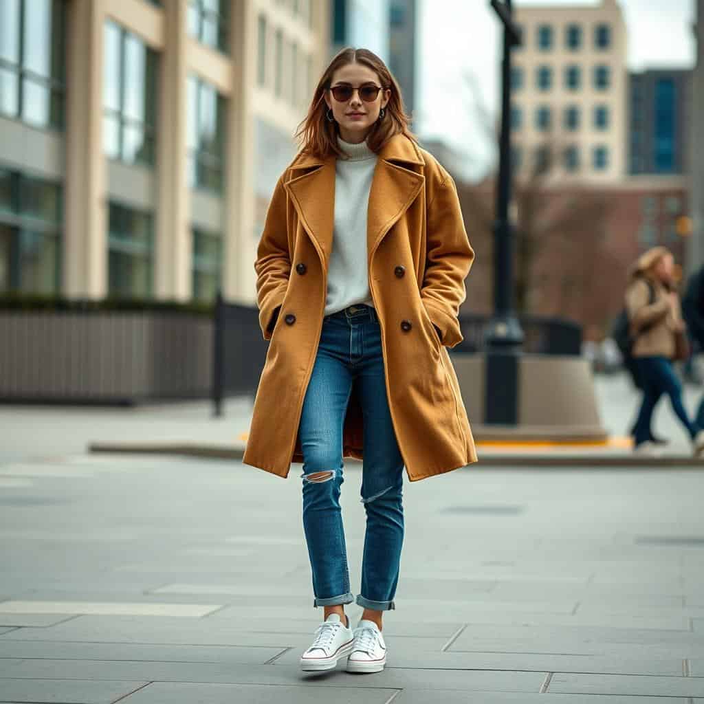 Street style star wearing an oversized camel coat with jeans and sneakers for a casual look