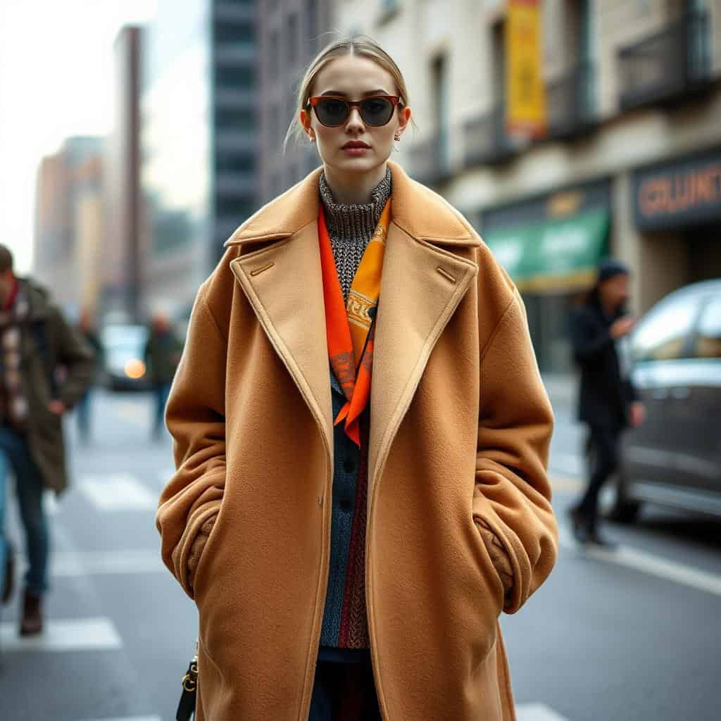 Street style star wearing an oversized coat with unexpected color combinations for a bold look