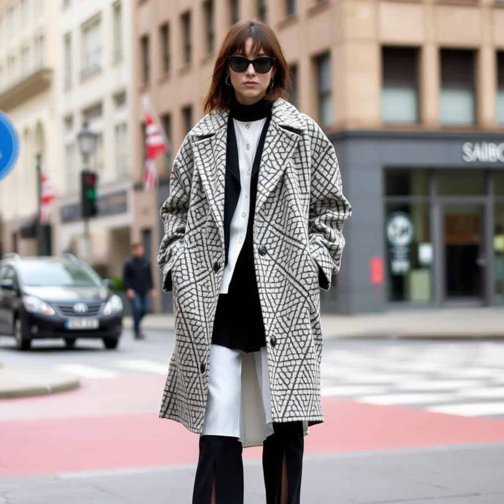 Street style star wearing an oversized patterned coat with monochrome outfit underneath