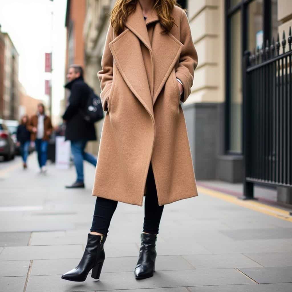 Structured oversized wool coat paired with sleek ankle boots for an elegant street style look