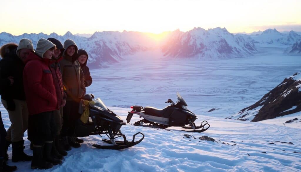 Svalbard, a breathtaking arctic archipelago in northern Norway. An expansive landscape of snow-capped mountains, glaciers, and fjords, bathed in the ethereal glow of the midnight sun. In the foreground, a group of adventurers prepares for their expedition, donning warm layers and sturdy boots, their faces alight with excitement. In the middle ground, a sleek snowmobile navigates the rugged terrain, its headlights piercing the crisp, icy air. The background is a panoramic vista of the untamed wilderness, with towering peaks and sweeping vistas that instill a sense of wonder and awe. The lighting is soft and natural, casting a warm, inviting glow over the entire scene. This image captures the essence of the ultimate Svalbard experience - a journey to the edge of the world, where nature reigns supreme.
