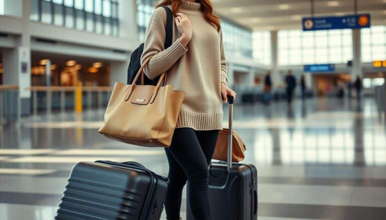 Woman wearing cashmere sweater, premium leggings, and ankle boots at airport