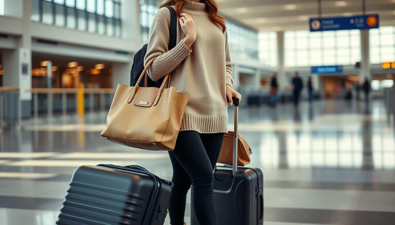 Woman wearing cashmere sweater, premium leggings, and ankle boots at airport