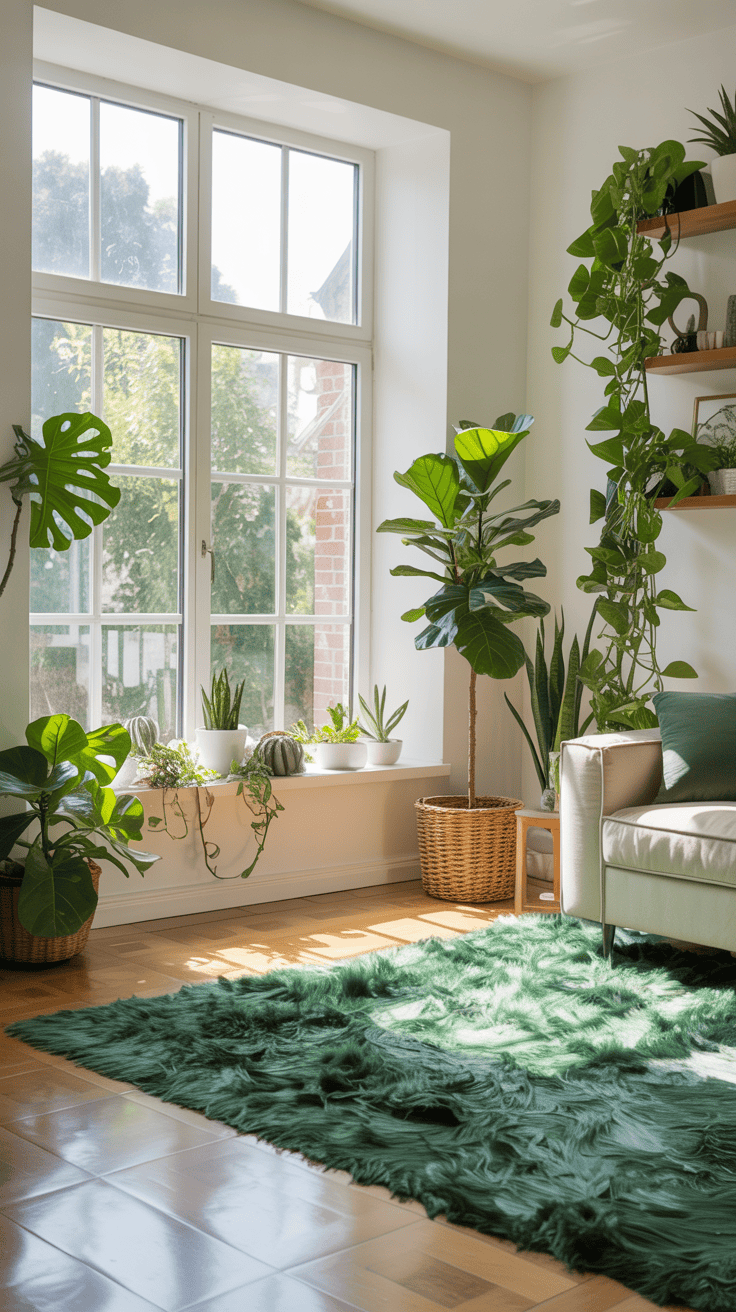 A bright living room with large windows and various green plants and a green rug.